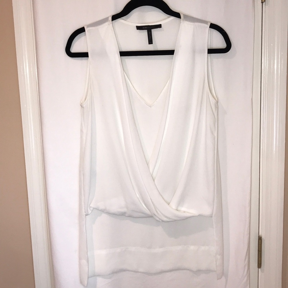 BCBG MAXAZRIA White V-Neck Drape Front Blouse